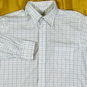 Eagle Shirtmaker White, Blue & Brown Windowpane Plaid Regular Fit Shirt 17 32/33